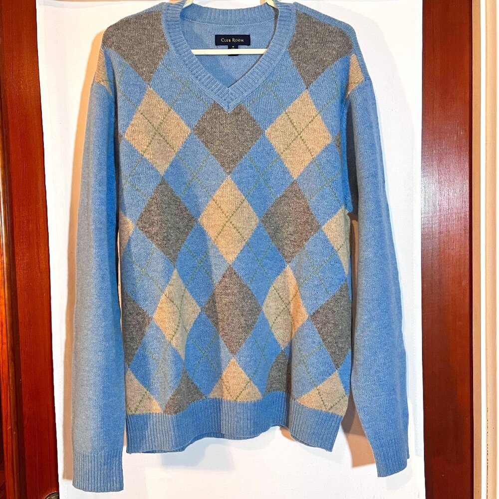 Club Room 100% Lambswool Argyle V-Neck Sweater Size M-L